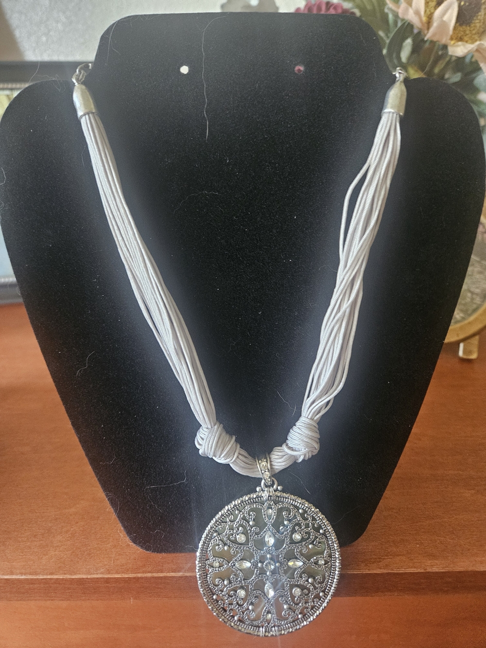 Chico's Silver-Tone Filigree Medallion Necklace with Gray Strands Reversible